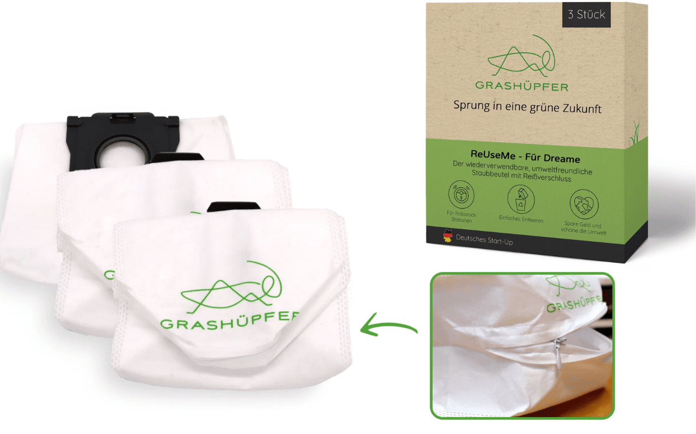 Die wiederverwendbaren Staubbeutel mit Reißverschluss von Grashüpfer für Dreame Stationen sind zu sehen.