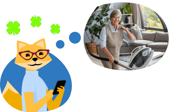 Füchsin mit Denkblase mit Seniorin miit Staubsauger