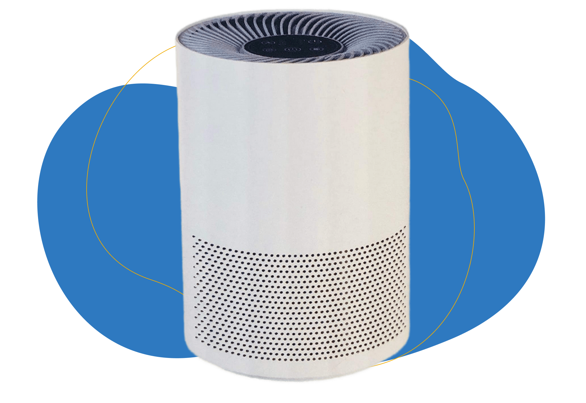 Der Quigg Aldi Nord Luftreiniger steht vor einem weißen Hintergrund und leuchtet grün