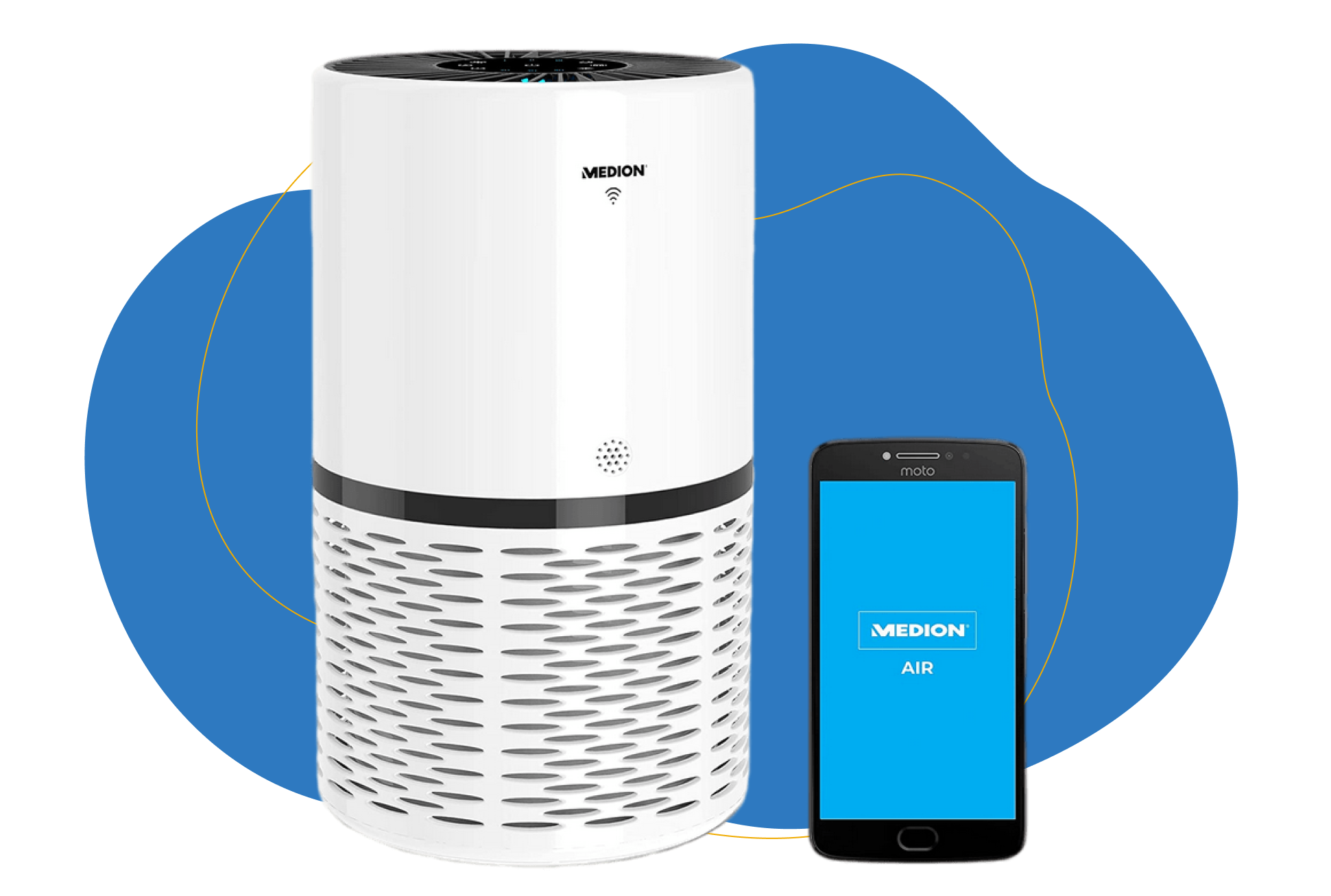 Der Medion MD 10171 Luftreiniger steht und neben dem Gerät ist ein Handy mit der MEDION AIR APP