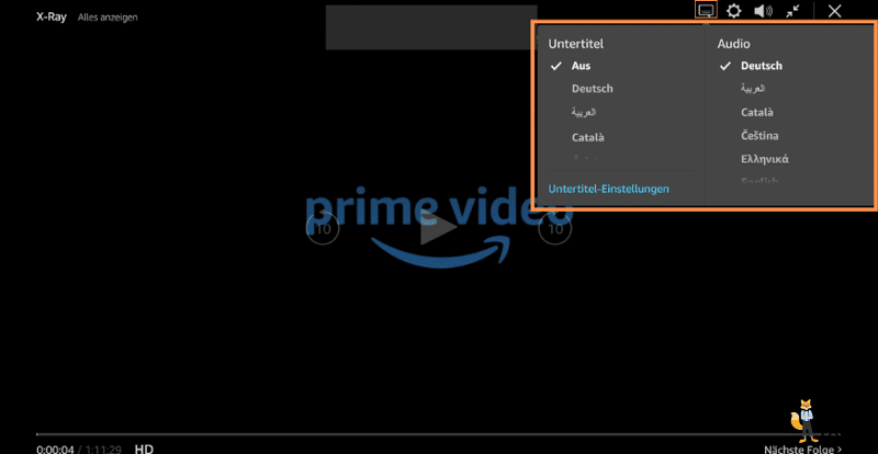 Im Videowiedergabe-Fenster von Amazon Prime sind unterschiedliche Untertitel- und Spracheinstellungen zur Auswahl zu sehen.