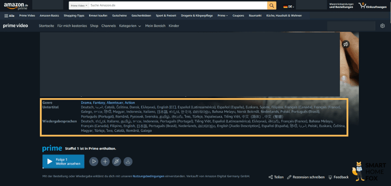 In der Amazon Prime Video Auswahl ist die Wiedergabesprachen und die Auswahl der Untertitelsprachen markiert.