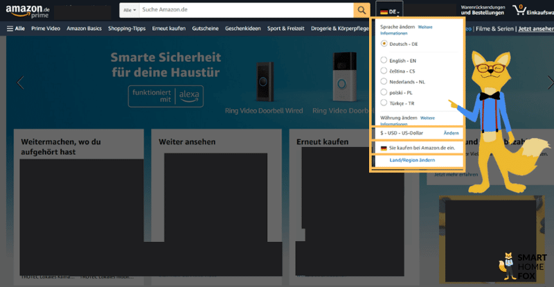 Auf der Amazon Startseite ist im Dropdown-Menü die Auswahl “Land / Region ändern” markiert.