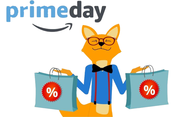 Man sieht den Smarthome-Fuchs mit Shopping Tüten und das Amazon Prime Day logo.