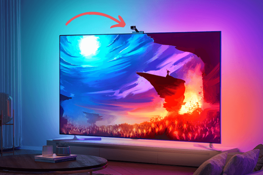 Der Fernseher leuchtet dank des Govee Immersion TV Sets in verschiedenen bunten Farben