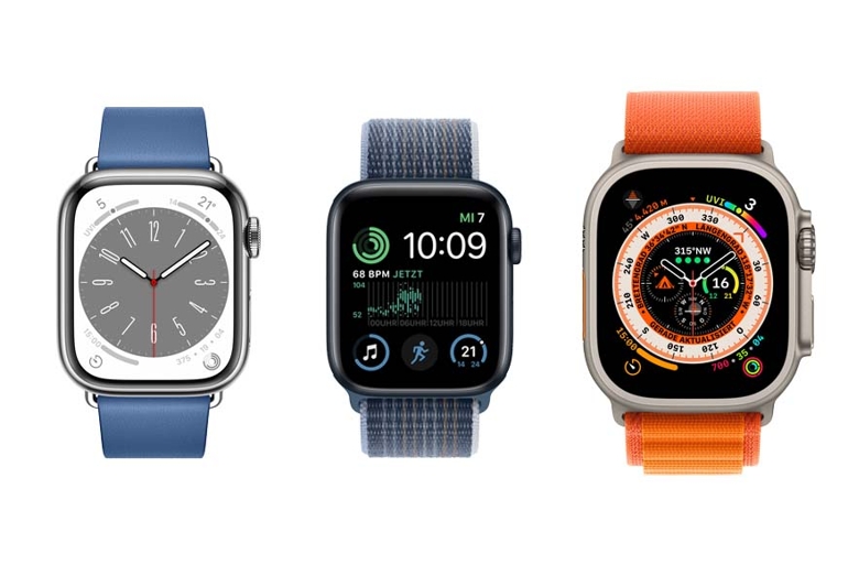 Man sieht die Apple Watch SE, Series 8 und Ultra.