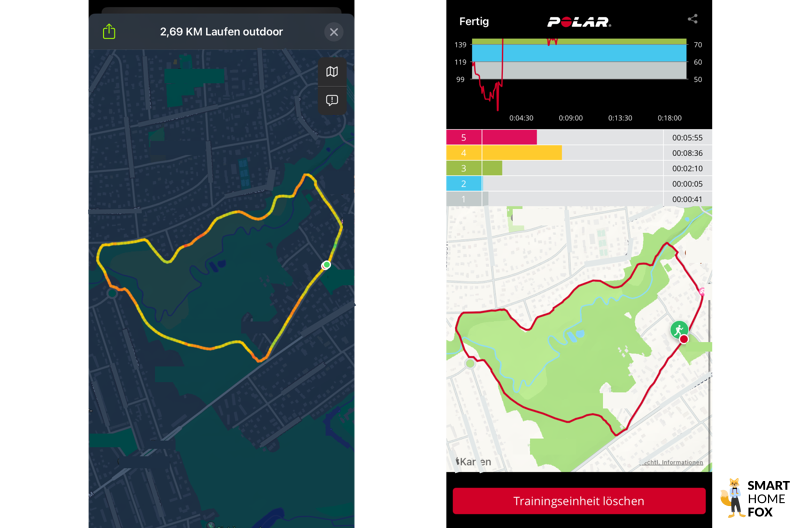 2 Screenshots der Apple Fitness und Polar App mit Streckenverlauf