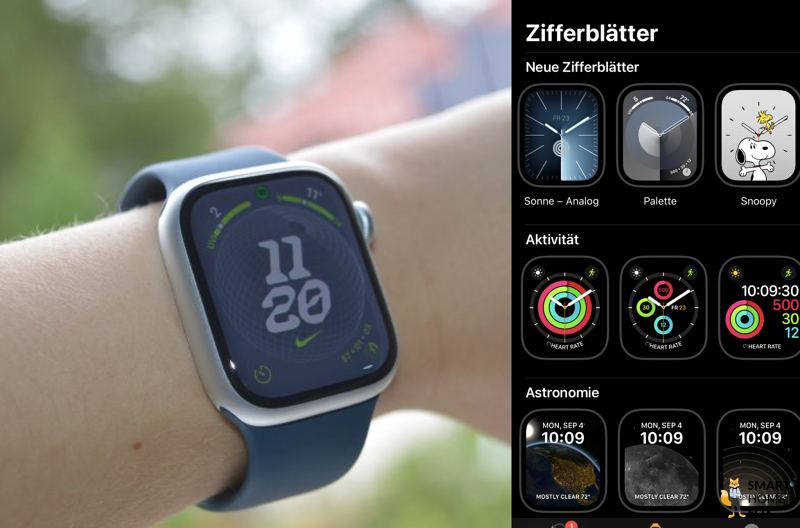 Apple Watch 9 am Handgelenk, daneben Screenshot der Watchfaces