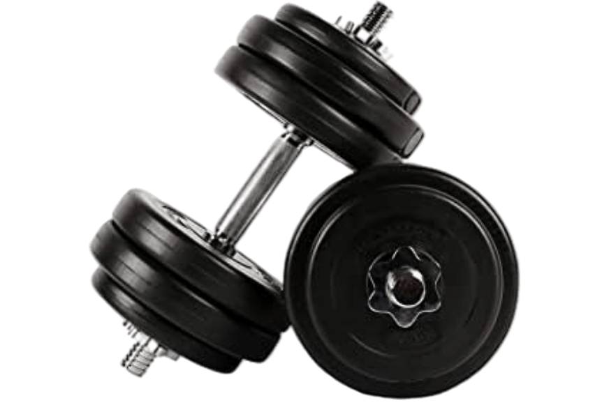 zwei verstelllbare Kurzhanteln mit schwarzen Gewichten und silbernen Griffen