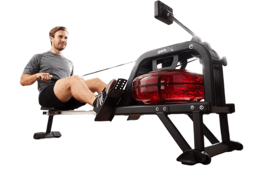 Mann sitzt auf Ruderergometer