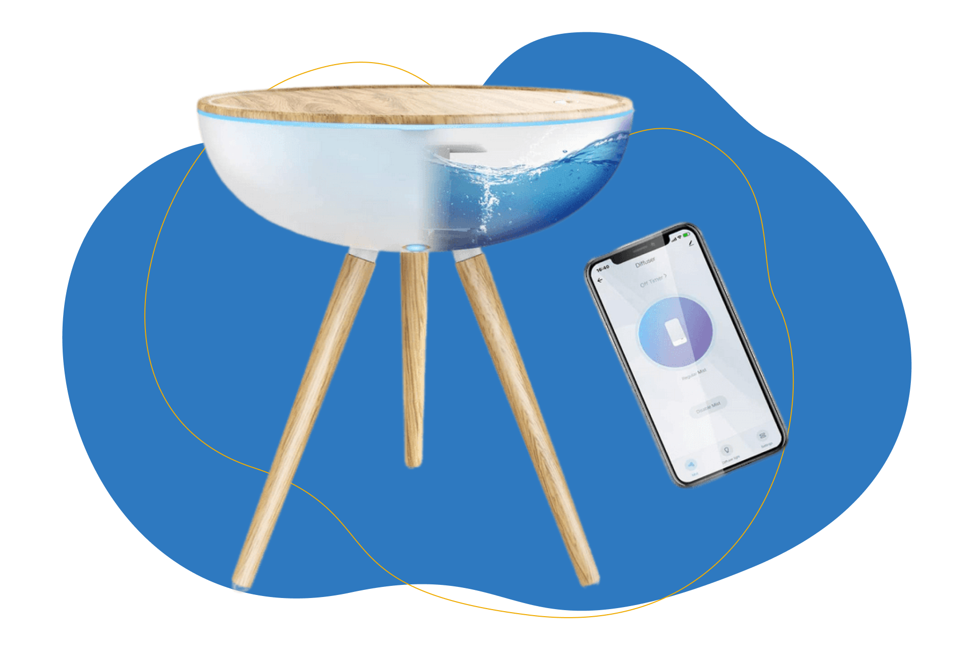 Der Maxcio Aroma Diffuser steht vor einem weißen Hintergrund und wird mit einer App über ein Smartphone bedient