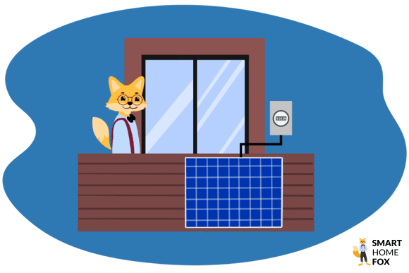 Der Smart-Home-Fox-Experte steht auf dem Balkonkraftwerk und schaut sich das Balkonkraftwerk Einspeisung messen mit einem Einspeisezähler an.