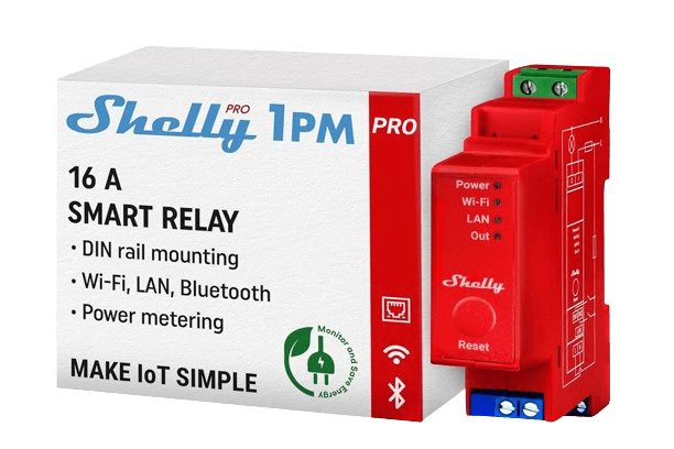 Die Shelly Pro 1PM Relais-Schalter für Hutschiene.