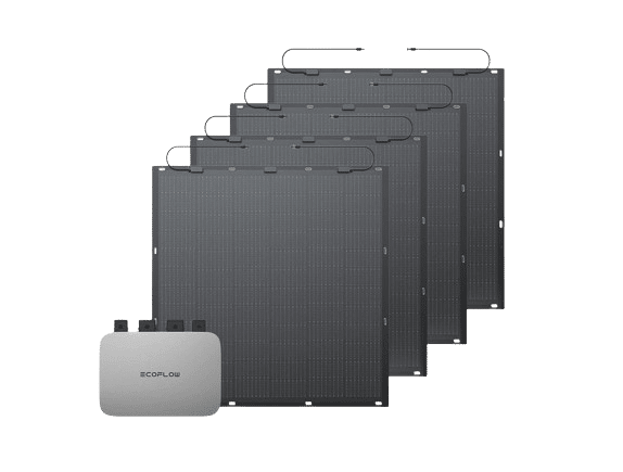 Das EcoFlow Powerstream Balkonkraftwerk wird gezeigt, mit Powerstream Wechselrichter und 4 flexiblen, quadratischen Solarpanels im Hintergrund.