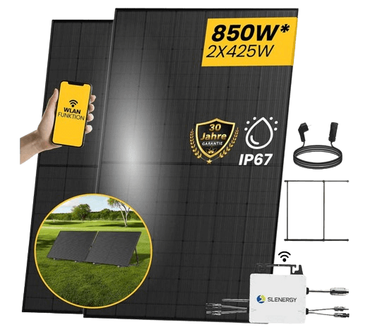 Das EPP Solar 850 Watt Balkonkraftwerk mit 2 Solarmodulen, Verkabelung und Halterung.