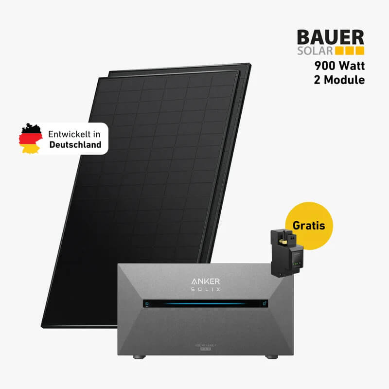 Balkonstrom, Premium Balcony 900 mit BAUER-Modulen und Anker Solarbank E2700 Pro.