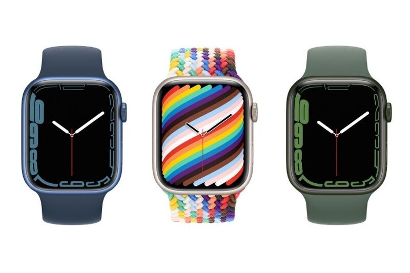 Man sieht die verschiedenen Farben der Apple Watch Series 7.
