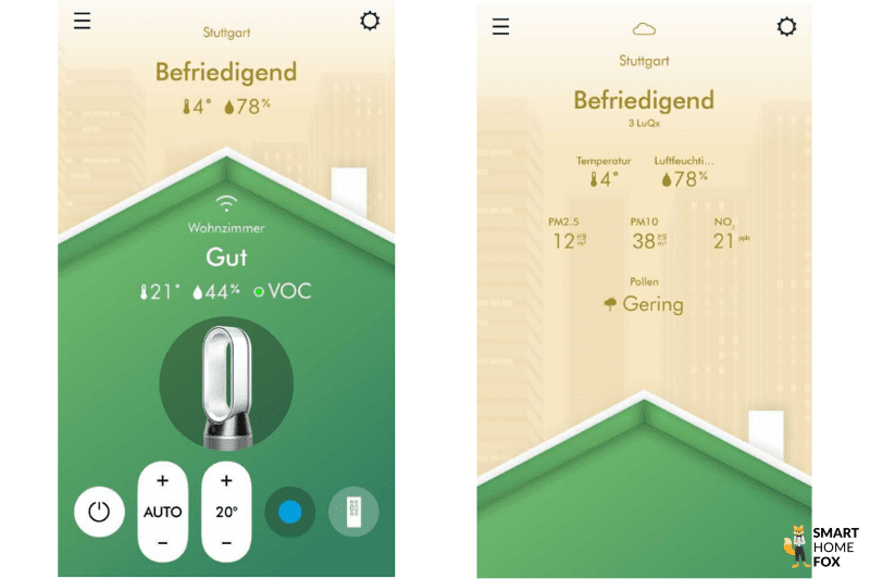 In der Dyson Link App sind Informationen zu Luftqualität und Funktion des Dyson Heizlüfters zu sehen.