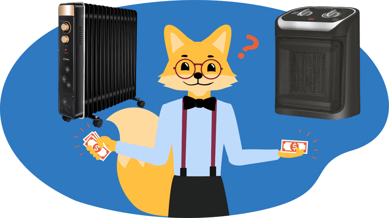 Der Smart-Home-Fox Experte steht zwischen einem elektrischen Heizlüfter und einem Ölradiator im Test und Vergleich