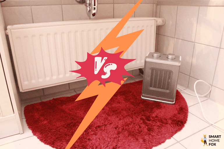 Ein Keramikheizlüfter steht neben einer Heizung im Badezimmer im Test und Vergleich.