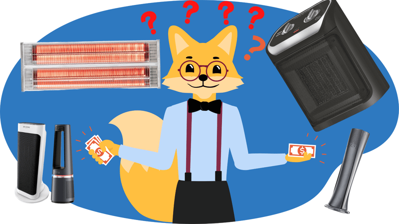 Der Smart Home Fox Experte steht mit Geld in der Hand vor verschiedenen Heizlüftern und hat Fragezeichen über dem Kopf.
