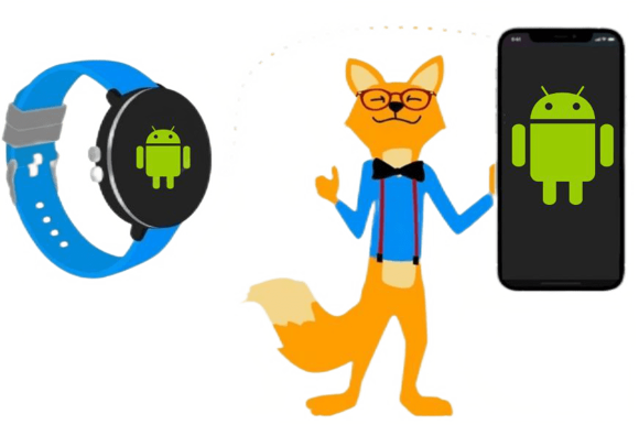Man sieht den Smarthome-Fuchs mit einem Android Handy und einer Android Smartwatch.
