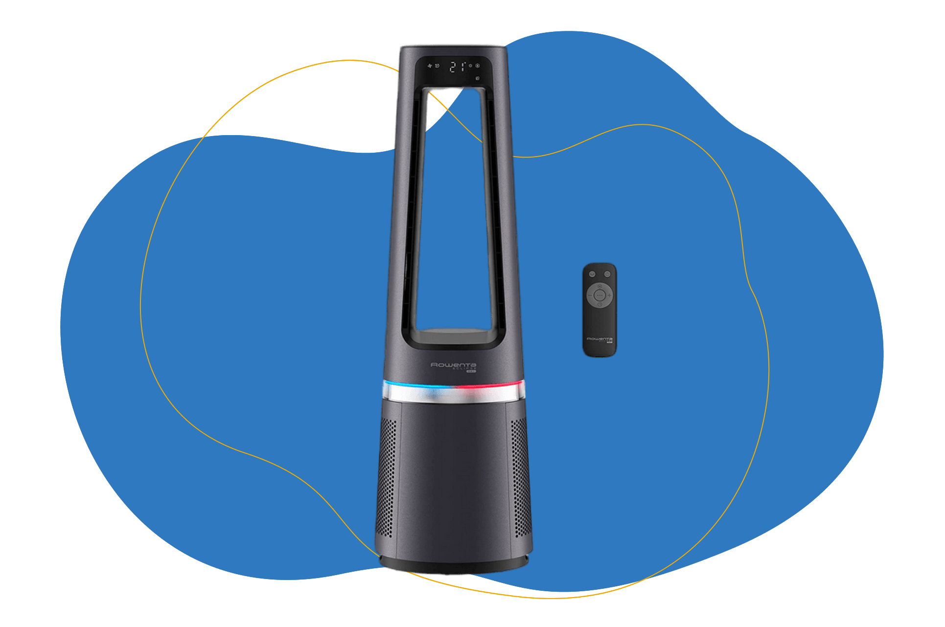 Der Rowenta Eclipse QU5062, 3 in 1 Heizlüfter, Ventilator, Luftreiniger steht vor einem blauen Hintergrund.