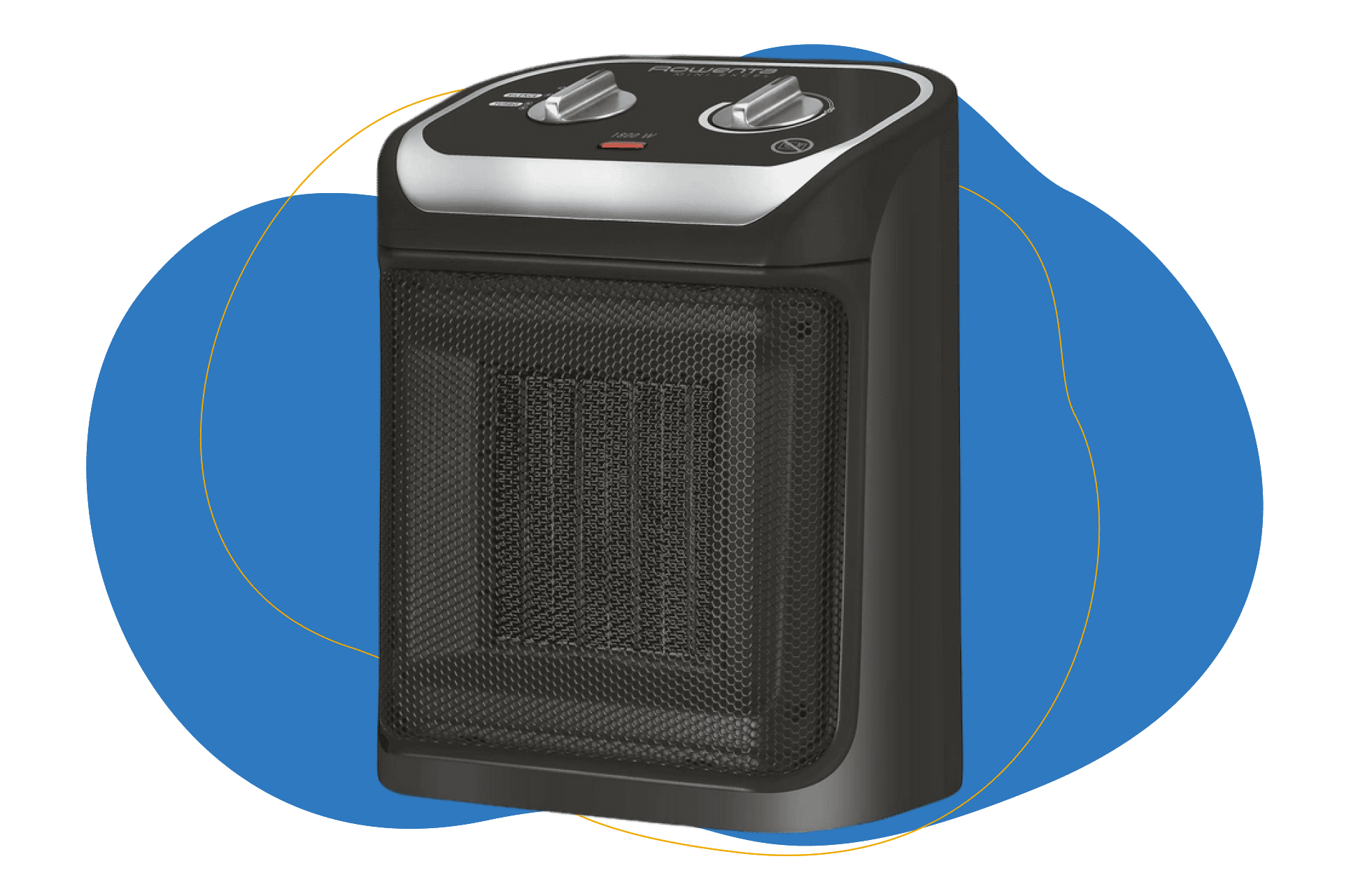 Der Rowenta SO9261 Mini Excel Keramik Heizlüfter steht vor einem weißen Hintergrund.