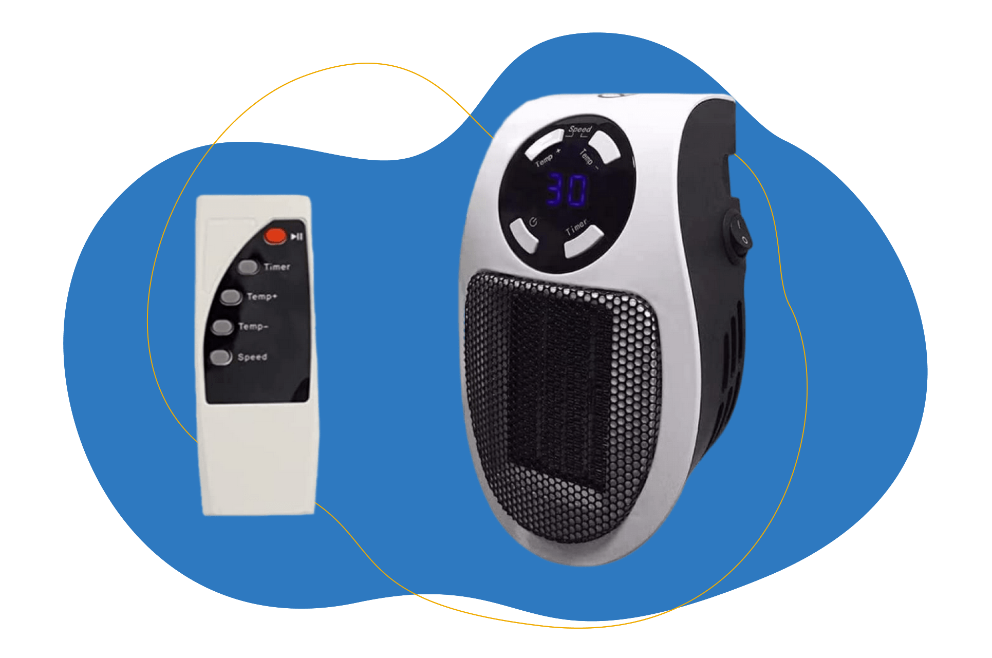 Der Safeheat Steckdosenheizluefter und die Fernbedienung.