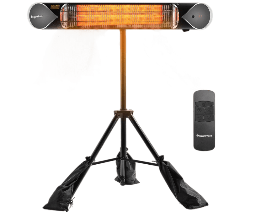 Der Turbro Infrarotheizstrahler steht auf einem Stativ neben der Fernbedienung.