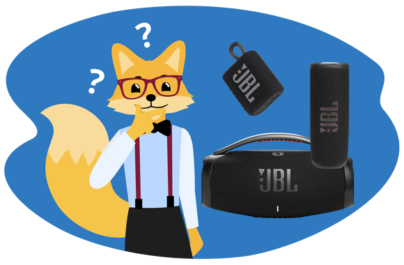 Nachdenklicher Smart Home Fox neben JBL Boombox 3, JBL FLip 6 und JBL Go 3