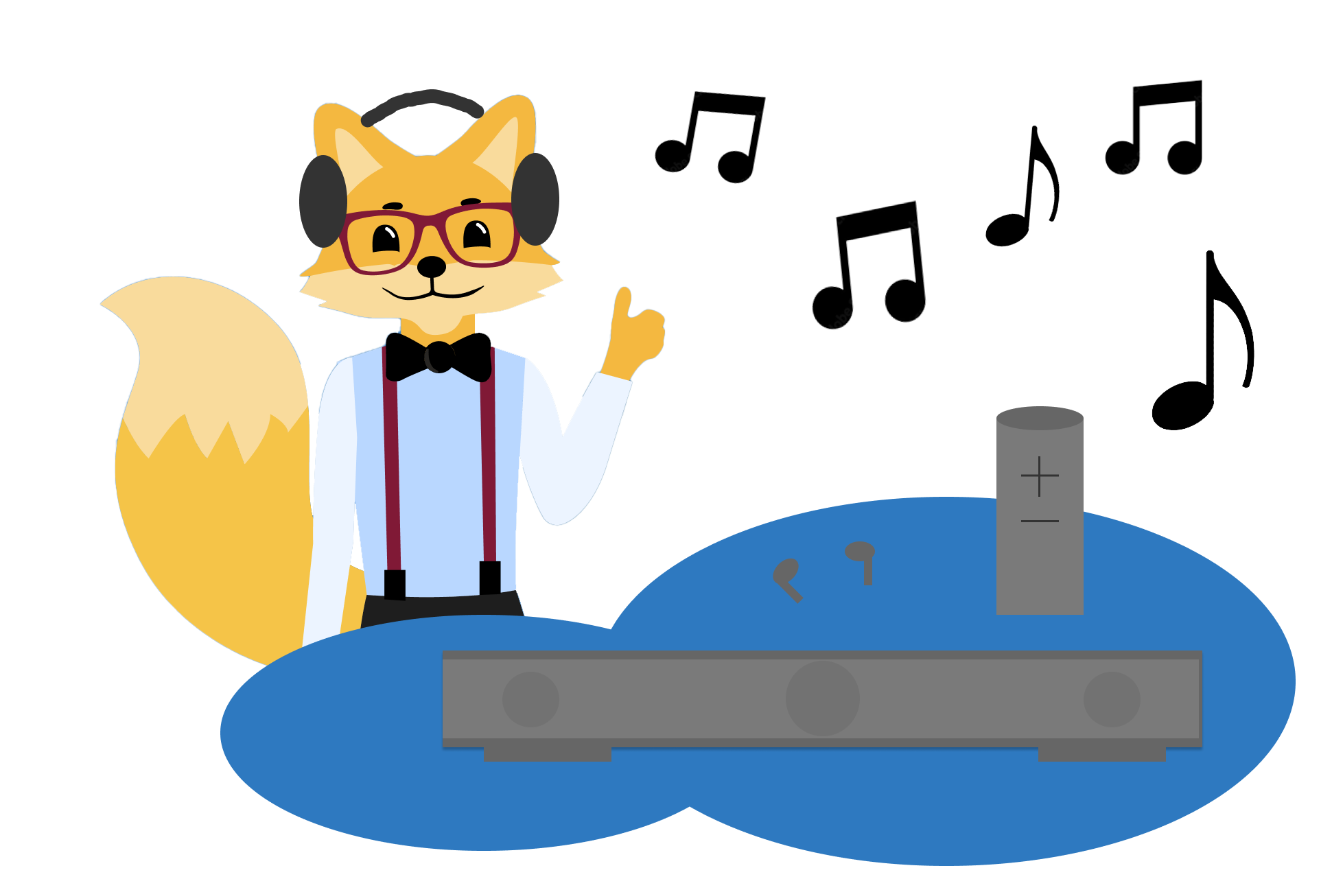 Smart Home Fox mit Kophörern neben Musiknoten, Bluetooth-Lautsprecher, In-Ear-Kopfhörern und Soundbar