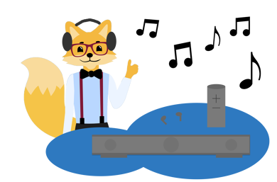 Smart Home Fox mit Kophörern neben Musiknoten, Bluetooth-Lautsprecher, In-Ear-Kopfhörern und Soundbar