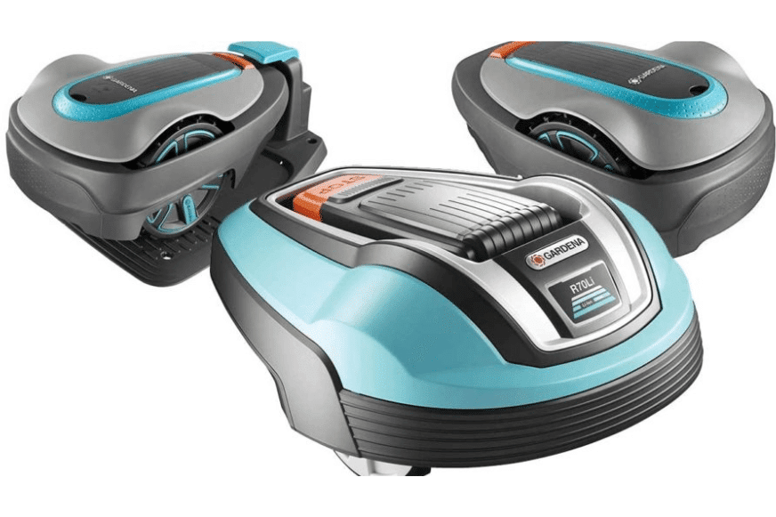 Mehrere Garden Rasenmähroboter sind vor einem weißen Hintergrund zu sehen