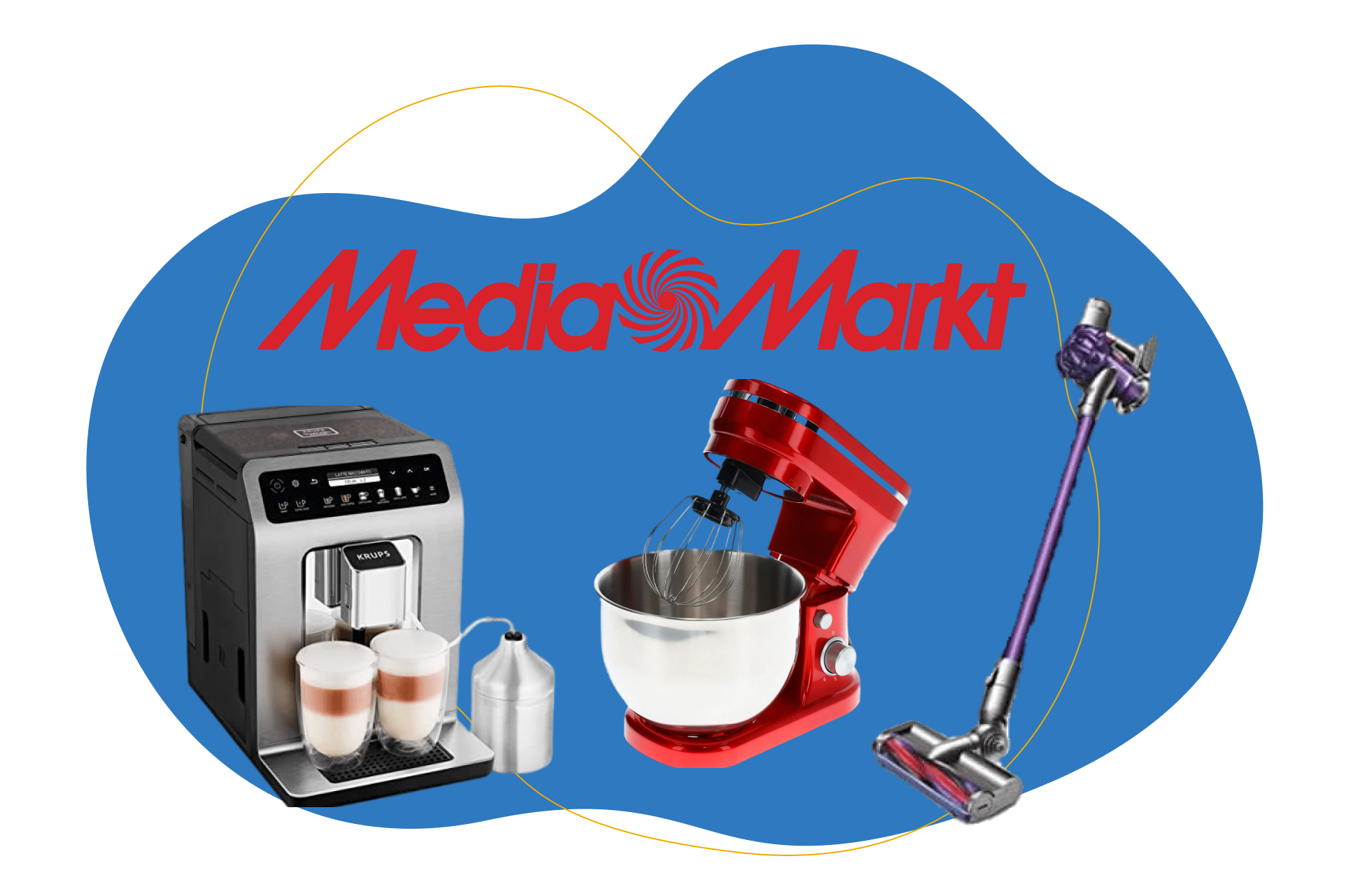 Diverse Haushaltsgeräte von MediaMarkt sind vor einem blauen Hintergrund zu sehen.