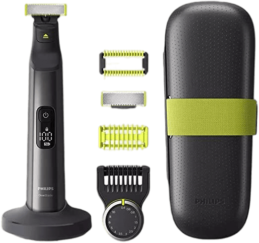 Philips OneBlade Multigroomer ist samt Zubehör in der Nahaufnahme zu sehen