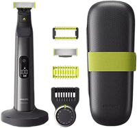 Philips OneBlade Multigroomer ist samt Zubehör in der Nahaufnahme zu sehen