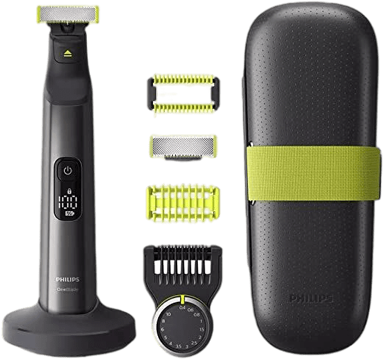 Philips OneBlade Multigroomer ist samt Zubehör in der Nahaufnahme zu sehen