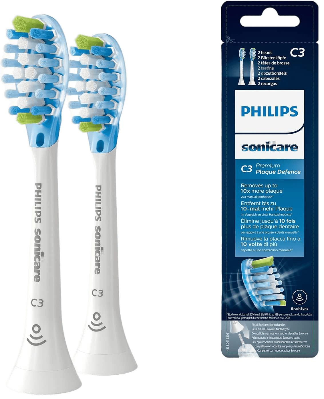 Zwei Philips Sonicare Bürstenköpfe sind samt Verpackung zu sehen
