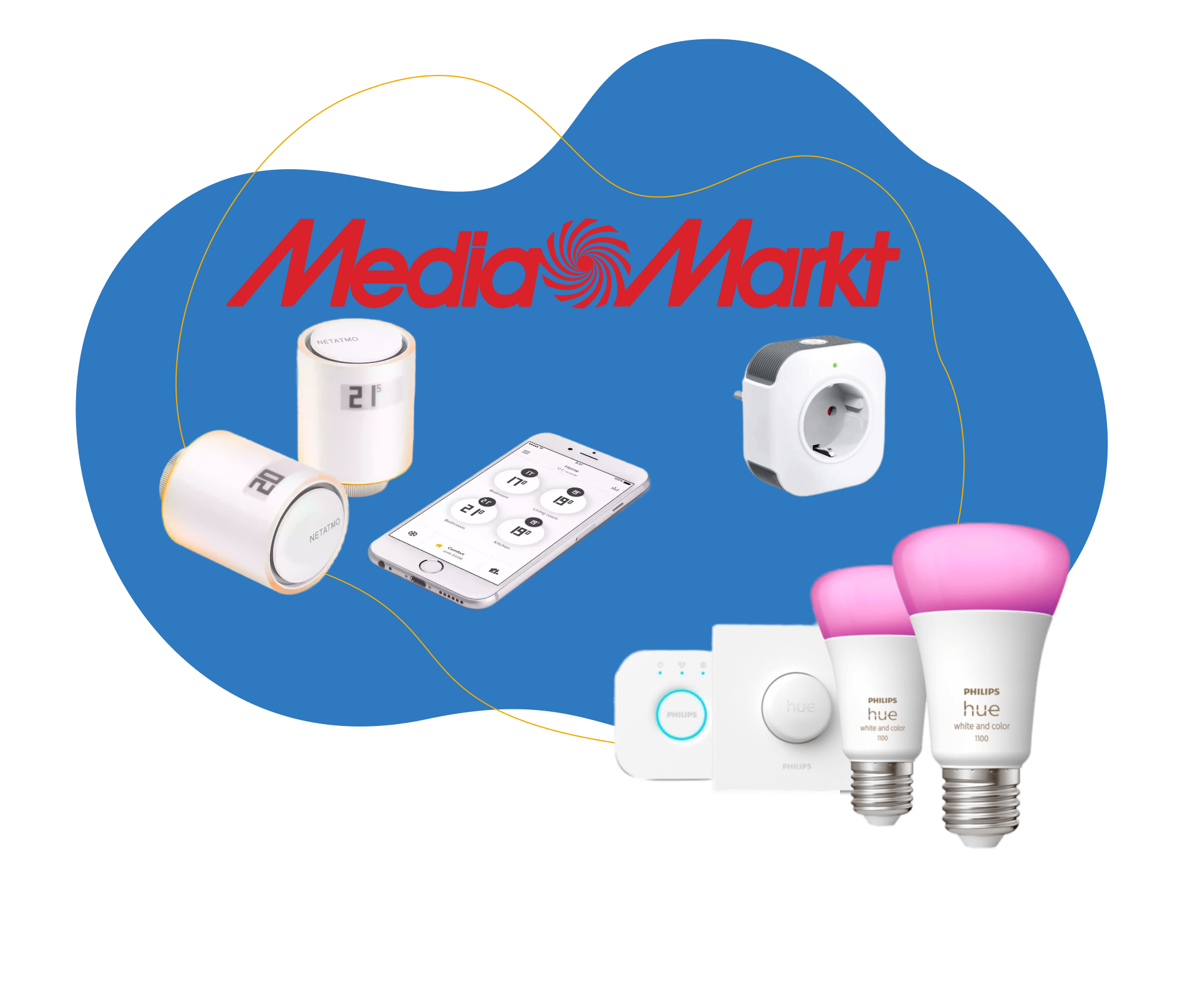 Diverse Smart Home Komponenten sind vor einem blauen Hintergrund zu sehen.