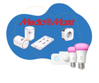 Diverse Smart Home Komponenten sind vor einem blauen Hintergrund zu sehen.