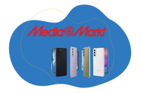 Smartphone Angebote von MediaMarkt sind zu sehen vor einem blauen Hintergrund