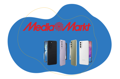Smartphone Angebote von MediaMarkt sind zu sehen vor einem blauen Hintergrund