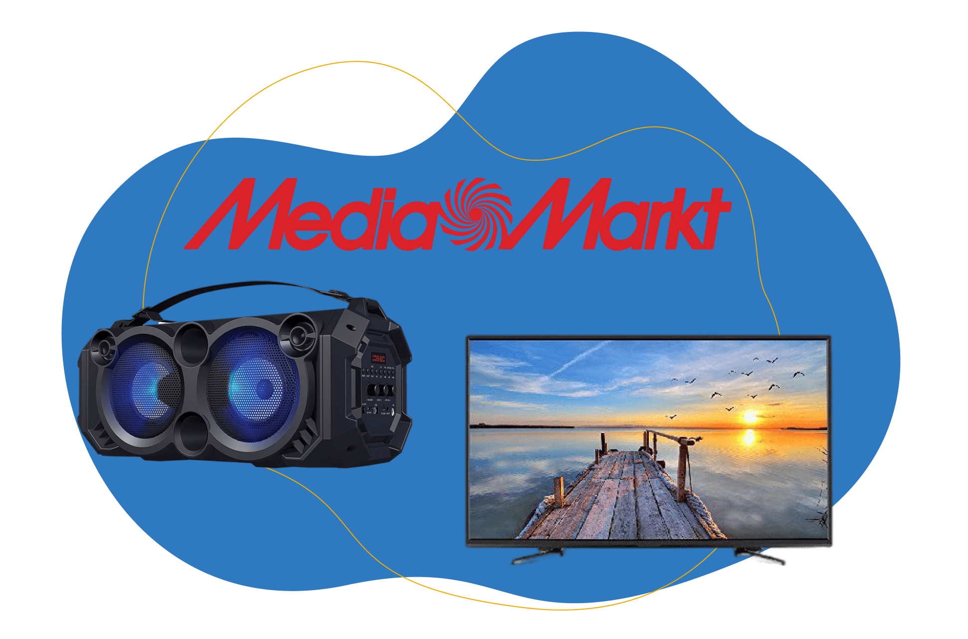 Ein MediaMarkt Fernseher ist vor einem blauen Hintergrund zu sehen.