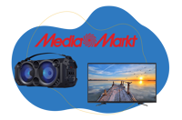 Ein MediaMarkt Fernseher ist vor einem blauen Hintergrund zu sehen.