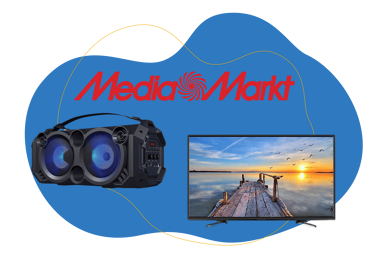 Ein MediaMarkt Fernseher ist vor einem blauen Hintergrund zu sehen.