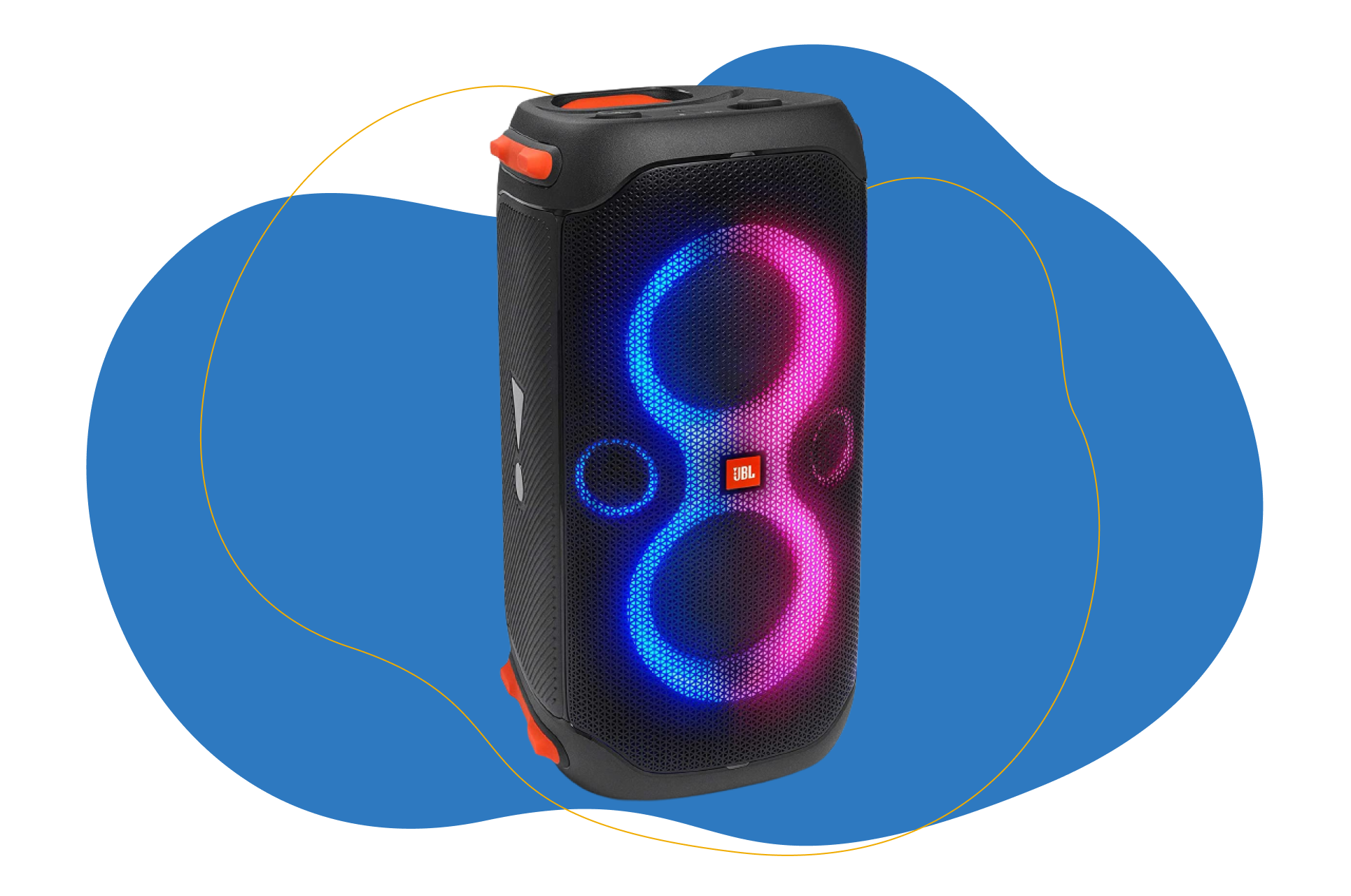 JBL Partybox 110 in schwarz mit buntem Licht steht aufrecht