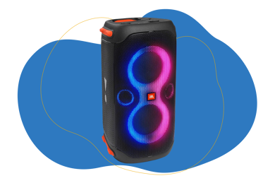 JBL Partybox 110 in schwarz mit buntem Licht steht aufrecht