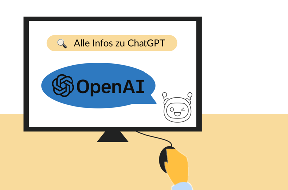 Roboter mit Aufschrift “Chatg GPT 3 im Test” und “Getestet”-Stempel