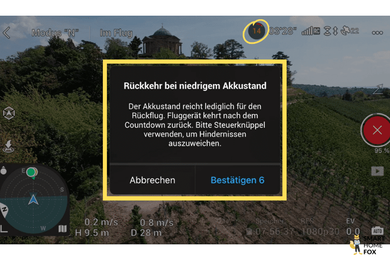 Während eines Quickshots geht der Akku der DJI Air 2S in niedrigen Zustand und die DJI Fly App schlägt die automatische Rückkehr vor.